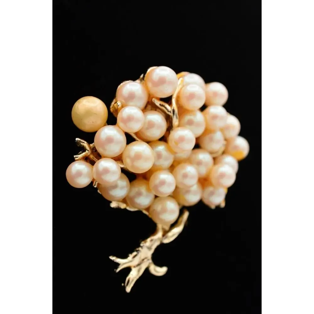 Vintage Tree Pin Brooch Faux Pearl Cluster Gold Tone Chunky Heavy 1980s BinAT